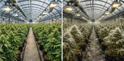Indoor cannabis cultivation facility under controlled lighting