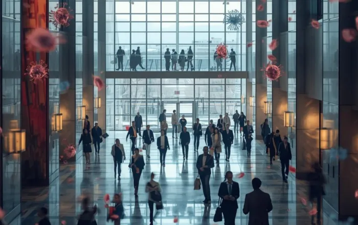 Office workers in a building showing signs of poor indoor air quality