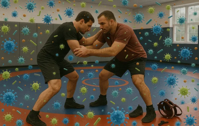 Wrestling room mats where pathogens can spread between athletes