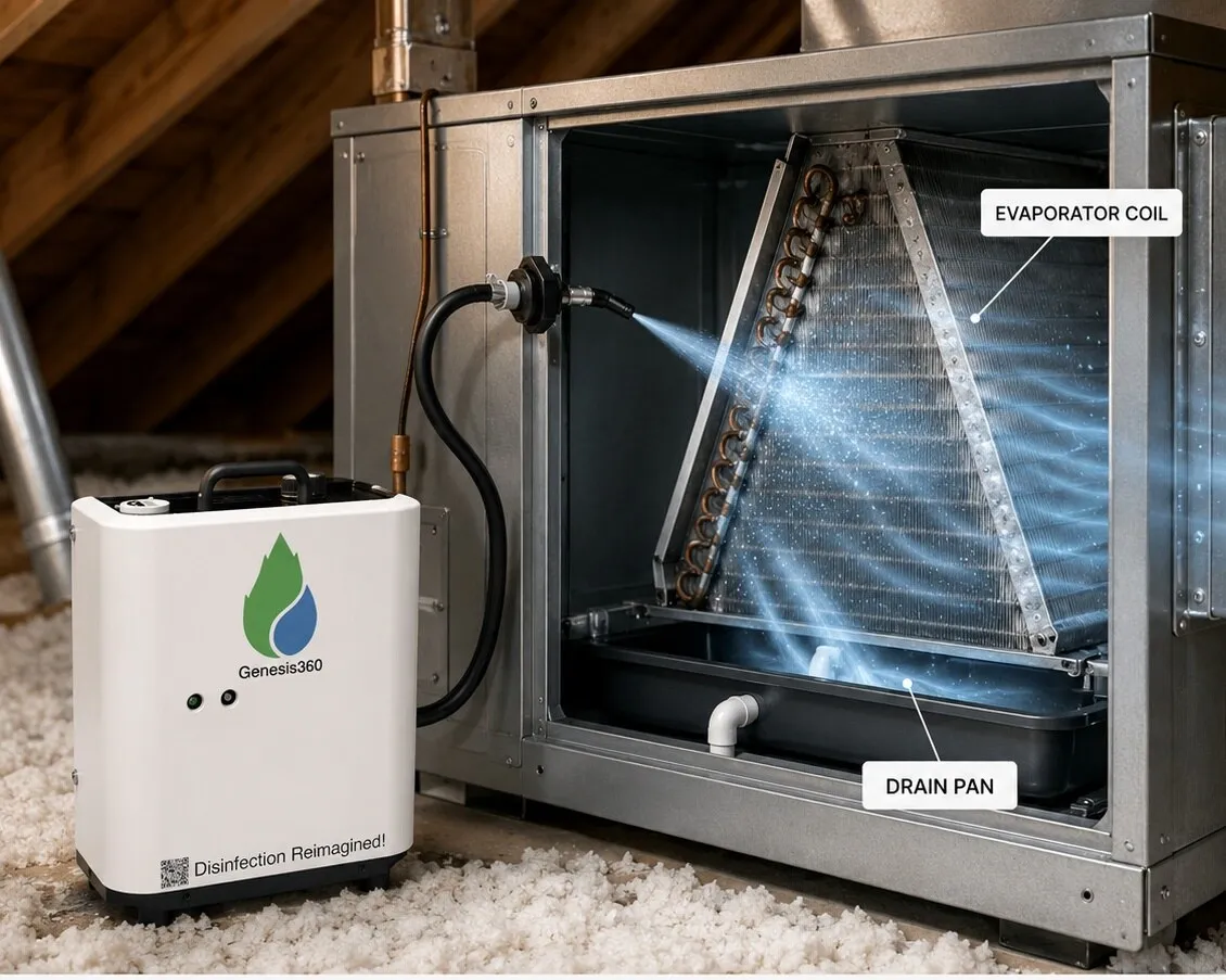 Genesis360 AeroGuard unit treating the evaporator coil and drain pan inside an HVAC air handler