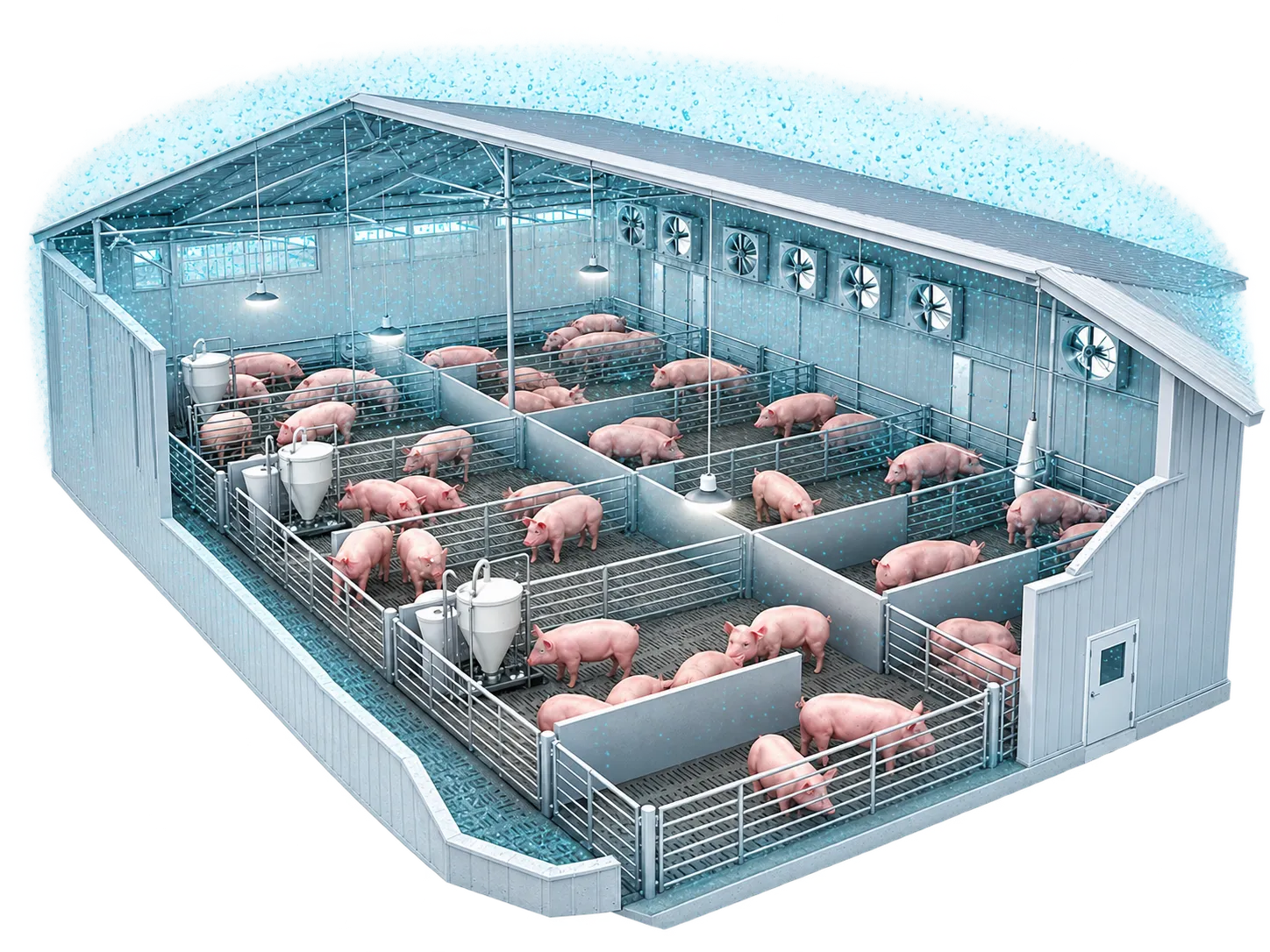 Cutaway render of a hog barn filled with a fine dry fog of disinfectant droplets